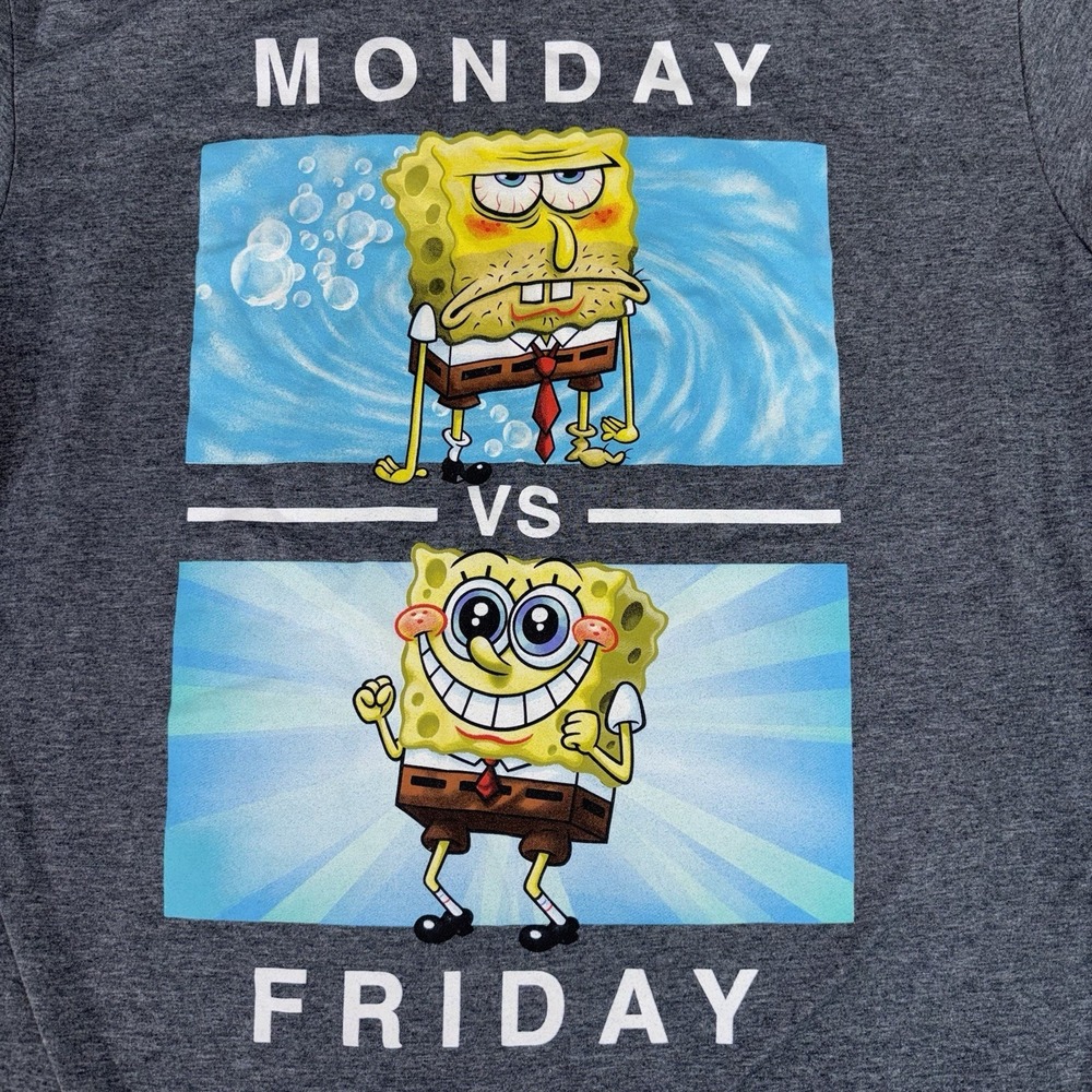 SpongeBob SquarePants Shirt Large Graphic Tee "Monday Vs Friday" Gray Cartoon